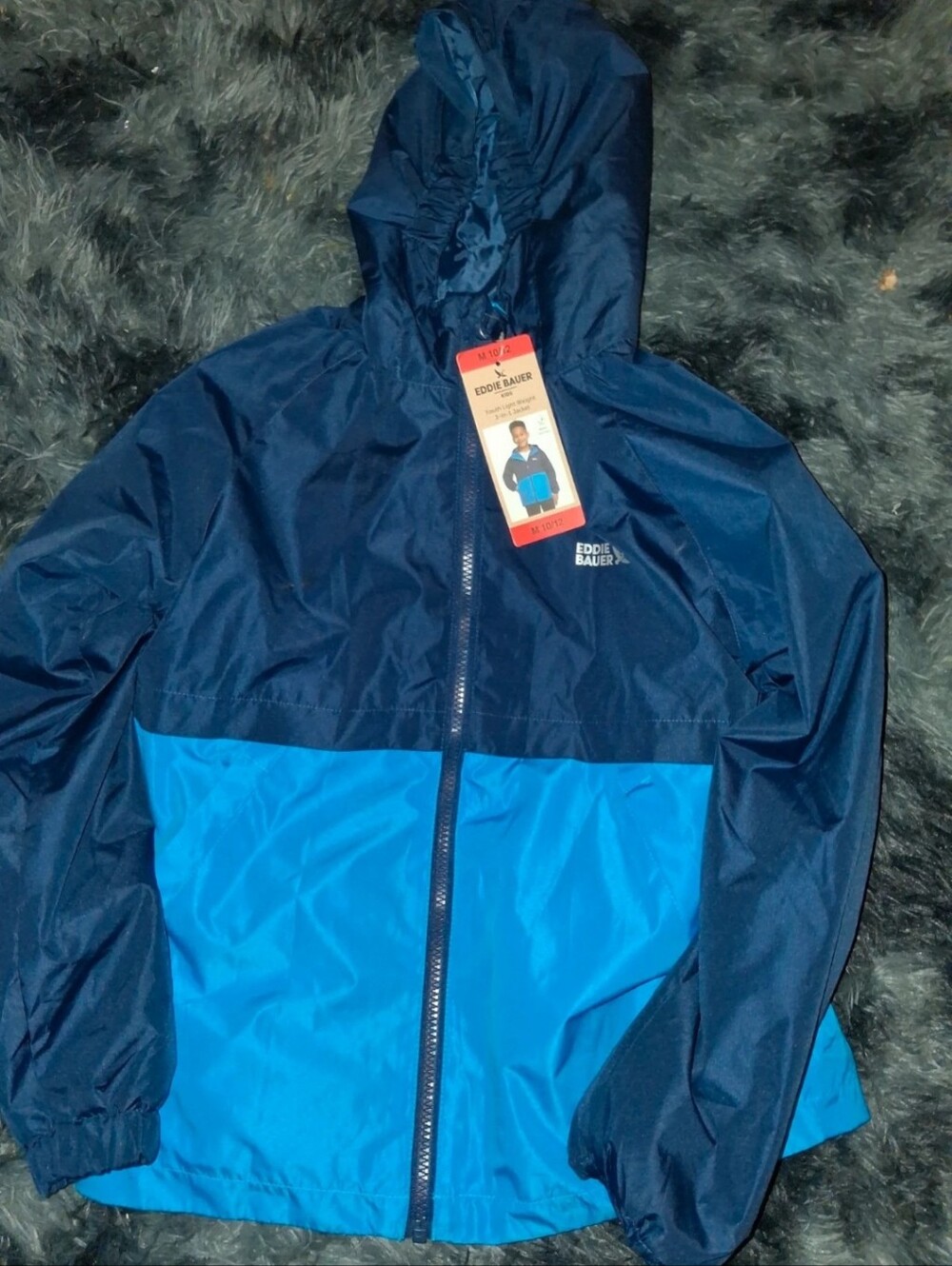 Eddie Bauer Two-Tone Navy and Bright Blue Hooded Rain Jacket